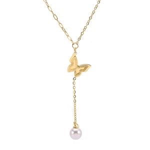 Butterfly Artificial Pearl Pendant Y Necklace Titanium Stainless Steel Matte Elegant Minimalist Jewelry For Women