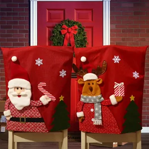 Christmas Chair Back Covers Red Burlap 3D Santa Snowman Reindeer Applique Cartoon Dining Room Table Festive Decoration