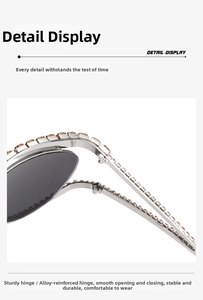 Detail view of sturdy silver alloy hinge with orange rhinestones on Y2K sunglasses