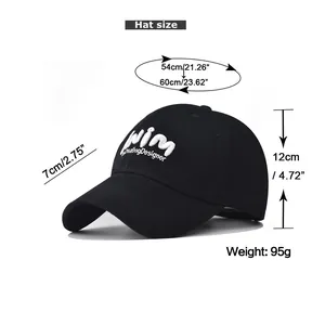 Size guide for washed cotton baseball cap showing brim length and head circumference