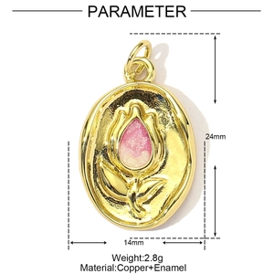 Detail view of a 24mm gold-plated copper tulip pendant with pink enamel petals