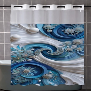 Detail of waterproof shower curtain with 3D floral prints and metal reinforced eyelets