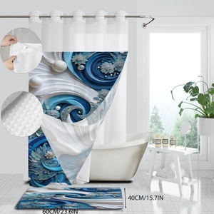Detail of blue 3D floral shower curtain fabric and matching 60x40cm non-slip bathroom mat