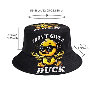 Black cotton bucket hat with cartoon duck graphic and I Don't Give A Duck slogan