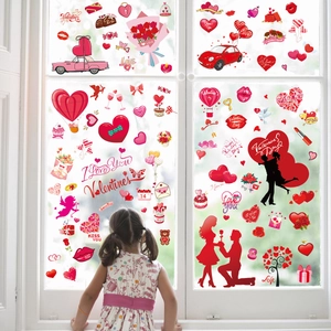 Valentine's Day static window stickers with red hearts and romantic couple silhouettes