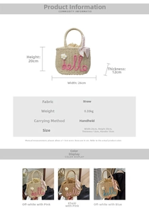 Detailed size chart for straw woven handbag with hello embroidery and scarf handle