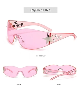 Pink Y2K star-decorated rimless sunglasses shown from front, back, and 45-degree angles