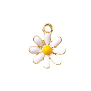 Daisy flower charm with white petals and yellow center in gold-plated enamel finish