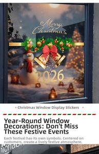 Detail of Merry Christmas window static cling with golden bells and red bows