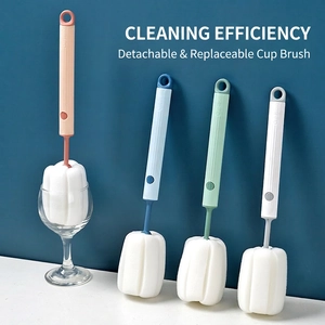 Long-handle detachable sponge cup brush set in four colors for bottle cleaning