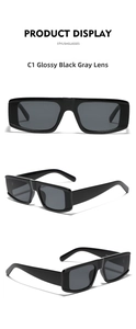 Three-way view of shiny black oversized rectangular sunglasses with dark grey lenses