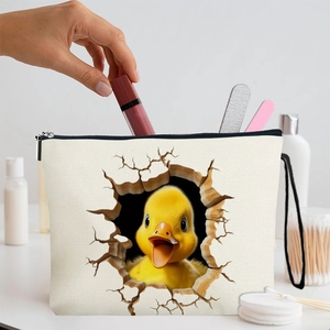 Yellow duck eggshell makeup bag made of durable white canvas with a secure zipper closure