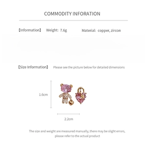 Detail showing weight and dimensions for pink zircon bear and heart mismatched earrings