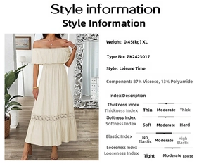 Detail of off-shoulder dress showing fabric specs and hollow embroidery hemline details