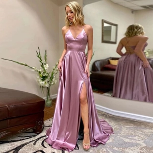 Elegant mauve satin evening dress with spaghetti straps, V-neck, and side high slit