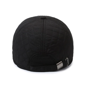 Quilted black winter baseball cap for elderly men with adjustable metal buckle back view