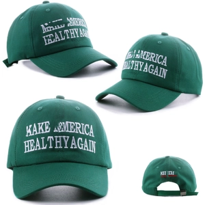 Detail of dark green cotton baseball cap with Make America Healthy Again white embroidery