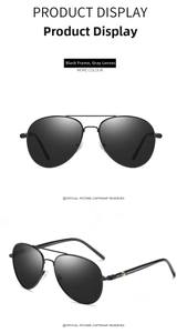 Classic aviator sunglasses with black metal frame and grey lenses, front and side views