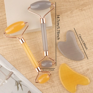 Face massage roller set dimensions showing 14.7cm length and 7.6cm gua sha tool size