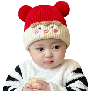 Thick knit baby beanie with cute pom-pom ears and cartoon embroidery for winter warmth