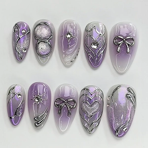 Y2K Handcrafted Purple Gradient Press On Nails With Silver 3D Relief Heart Butterfly Rhinestone Design False Nails For Women