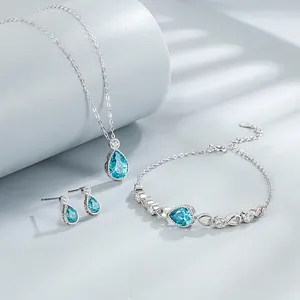 Mermaid Tears 925 Sterling Silver Jewelry Set For Women Waterdrop Rhinestone Necklace Earrings Bracelet Fashion Accessory