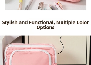 Pink multi-layer pencil case with white zippers and large capacity storage pockets
