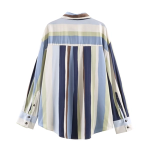 Back view of a multi-color striped satin blouse with long sleeves and a collared neckline