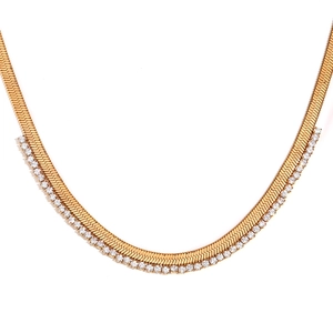 18K gold plated herringbone chain necklace with micro-paved cubic zirconia accents