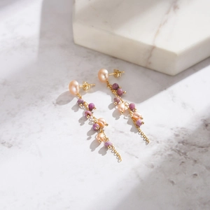 S925 sterling silver drop earrings with natural purple mica and freshwater pearls