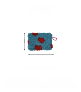 Detail view of plush blue coin purse with red heart, dimensions 16x11cm with zipper closure