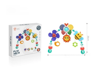 Baby play arch for strollers featuring sensory toys and original packaging details