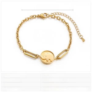 Detailed close-up of a golden stainless steel elephant charm bracelet with unique link chain