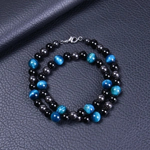 Halskette aus blauem Tigerauge und schwarzem Onyx für Herren mit Metallverschluss