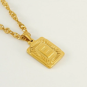 Men's 18K gold plated stainless steel necklace featuring a square letter E pendant