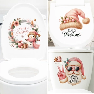 Autocollant Couvercle De Toilettes Noël Rose Décalcomanie PVC Amovible Père Noël Bonhomme De Neige Décor Salle De Bain