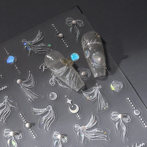 3D floral nail stickers with white ribbon and pearl designs for DIY manicure art