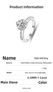 Detail view of S925 sterling silver ring featuring a 1 carat moissanite center stone