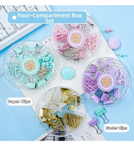 Detail of four-grid storage box with macaron color binder clips, paper clips and push pins