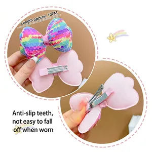 Rainbow sequin bow hair clip for girls featuring anti-slip metal grip and 10cm length