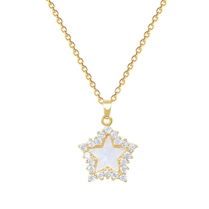 Titanium steel gold necklace featuring a pentagram pendant with shell and inlaid crystals