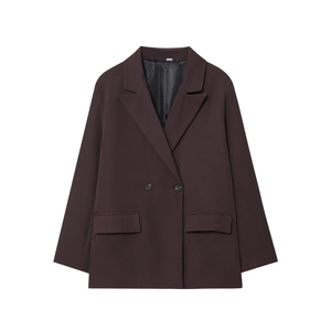 Women's dark coffee double-breasted oversized blazer with classic lapels and flap pockets