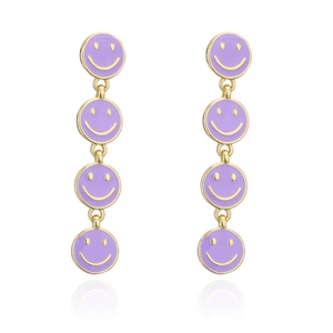 Detailed view of long gold-plated drop earrings with four purple enamel smiley face charms