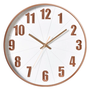 12-inch modern silent wall clock with 3D rose gold numbers and white dial minimalist style