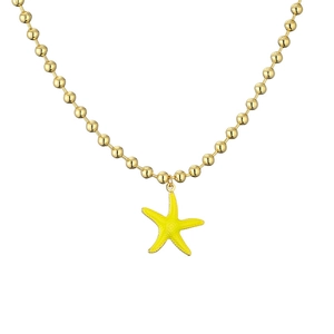 Detail view of a gold bead chain necklace featuring a yellow enamel starfish pendant
