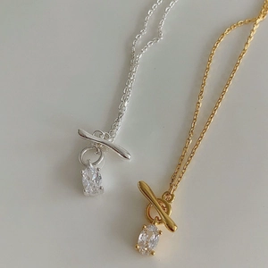 Minimalist S925 sterling silver necklaces with oval zircon and unique OT toggle clasp