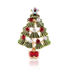 Exquisite golden Christmas tree brooch with green enamel and vibrant colorful rhinestones