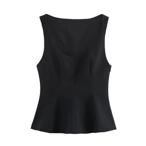Sleeveless black peplum top for women with asymmetrical waist and slim-fit silhouette
