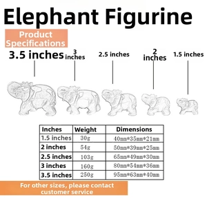 Size chart showing 5 dimensions of natural stone elephant figurines from 1.5 to 3.5 inches