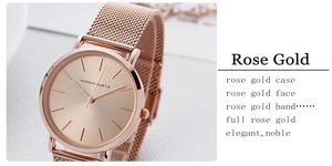 Detail view of Rose Gold mesh watch featuring an elegant minimalist face and branding